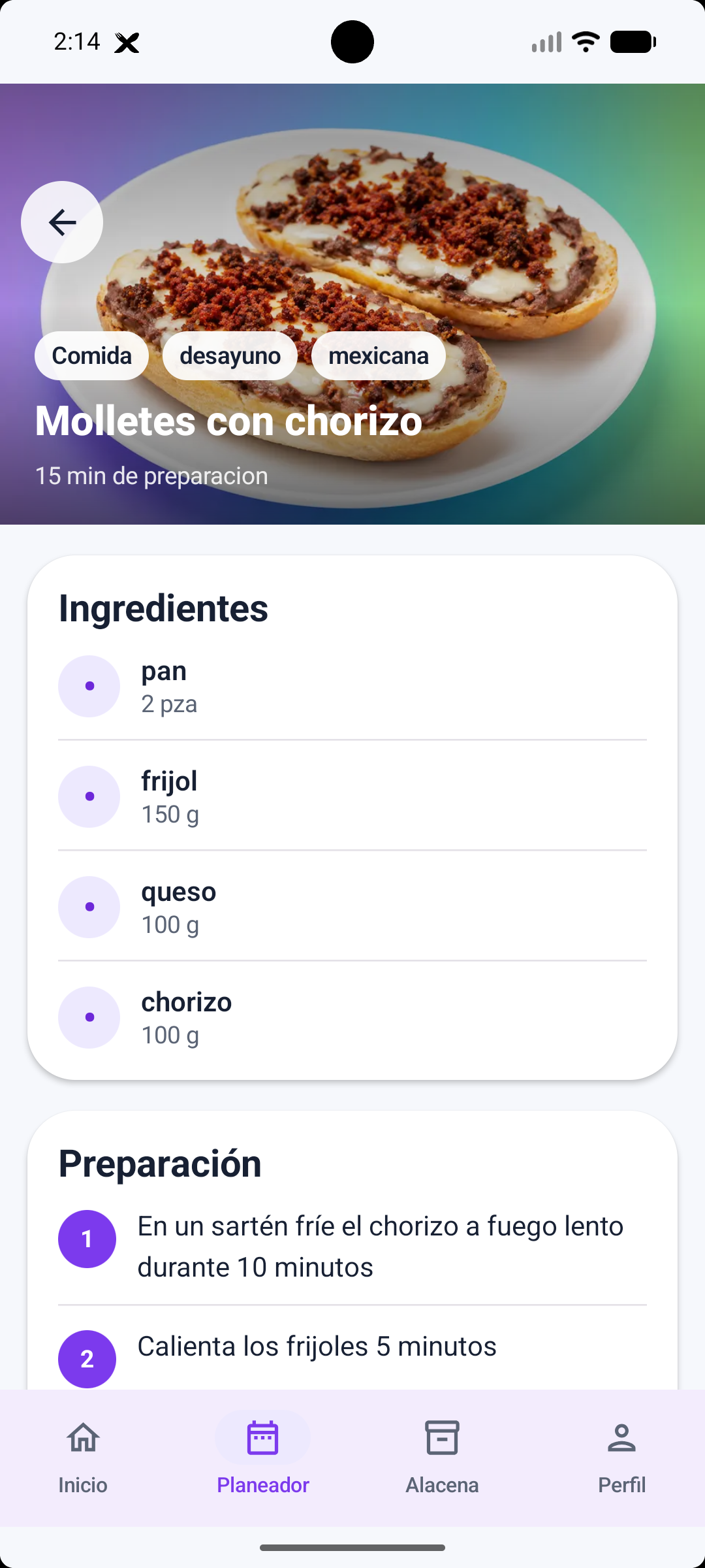 Detalle de una receta con ingredientes y preparación en Xhuna