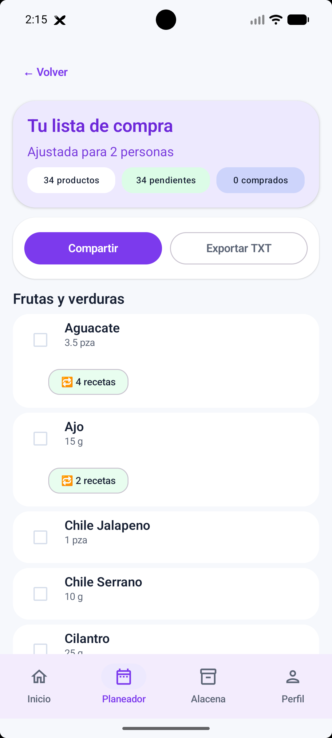 Lista de compra agrupada en Xhuna