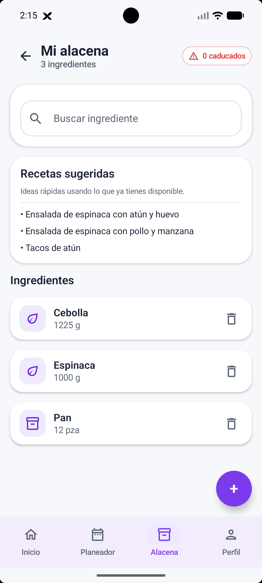 Alacena digital con ingredientes disponibles en Xhuna