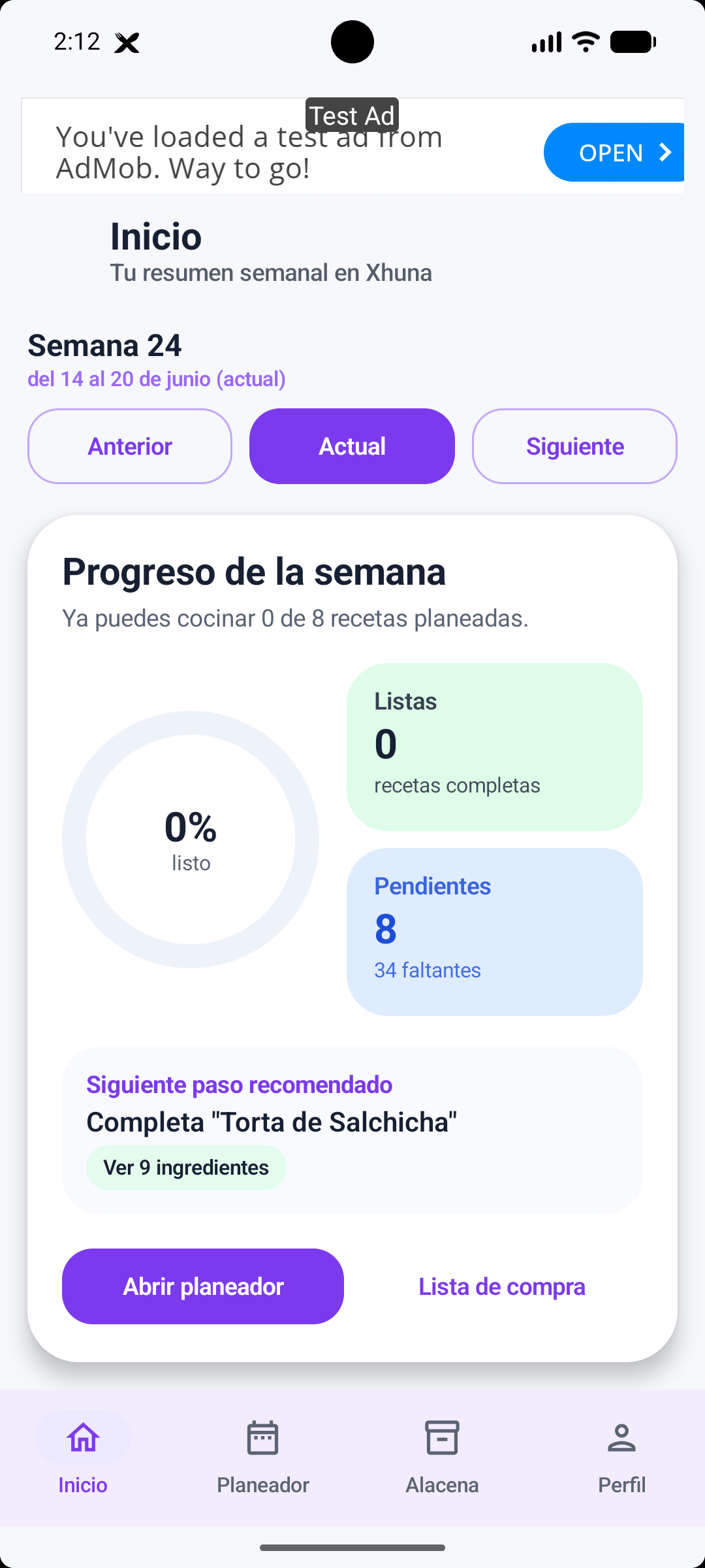 Pantalla principal de Xhuna con el resumen semanal