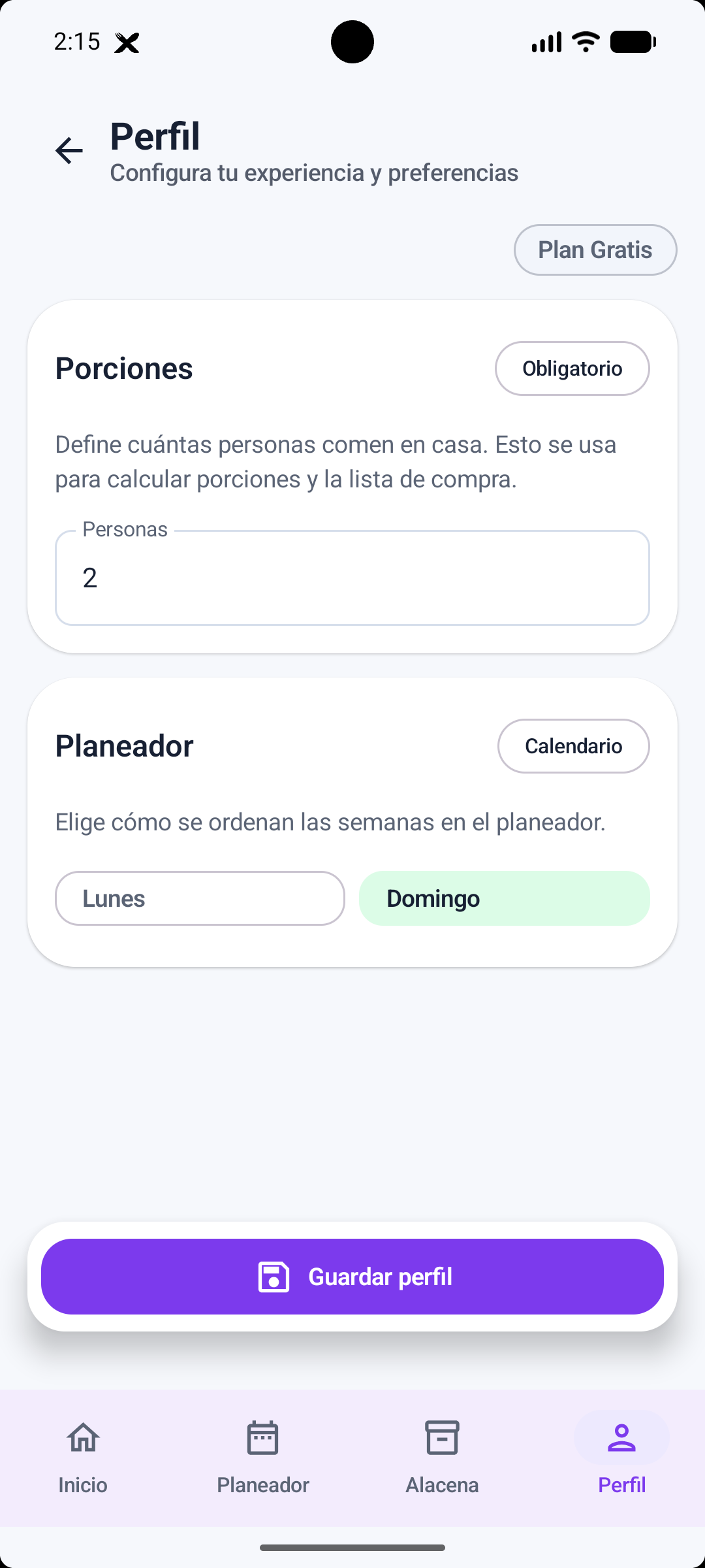 Configuración de perfil en Xhuna