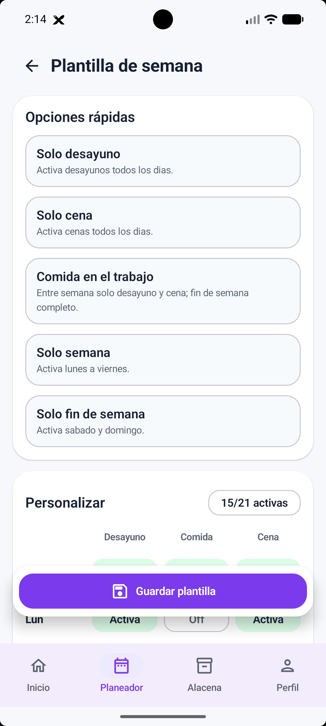 Opciones rápidas de plantillas semanales en Xhuna